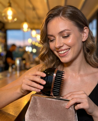 Young woman pulling Primptime out of her clutch